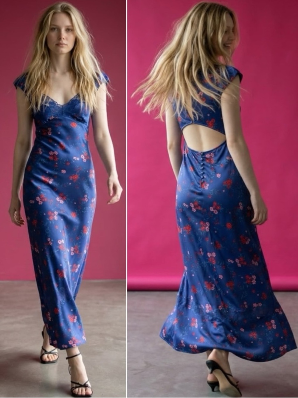 Free People Dainty Lace Retro 90s Butterfly Babe Maxi Dress Blue Floral Size XL